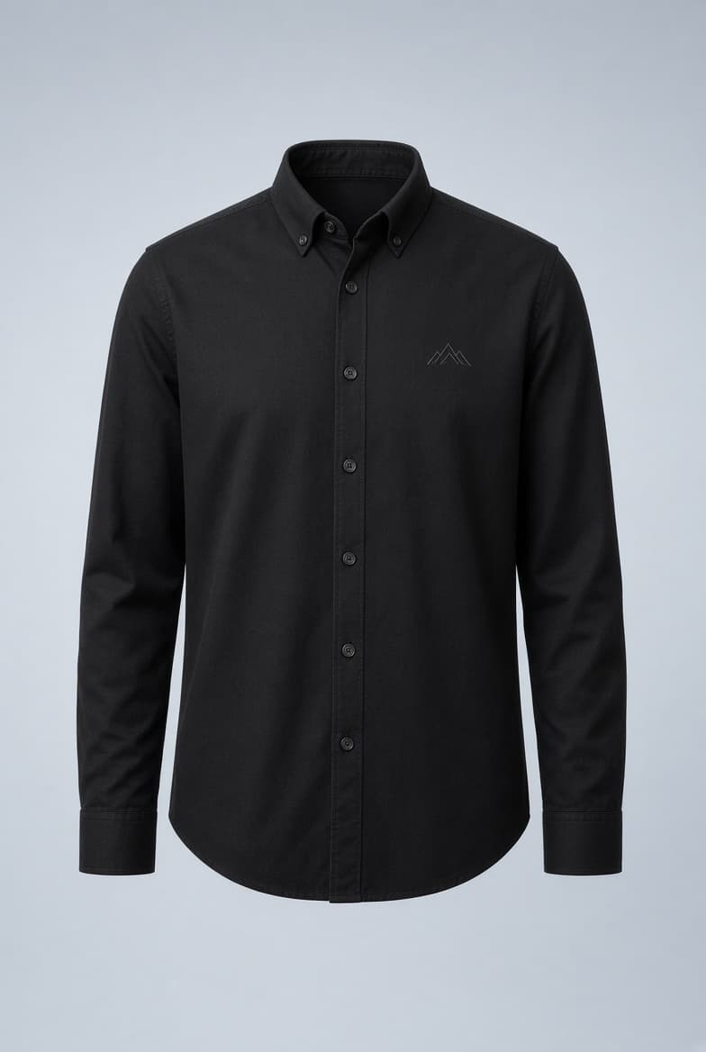 Black button-down shirt, small matte mountain mark