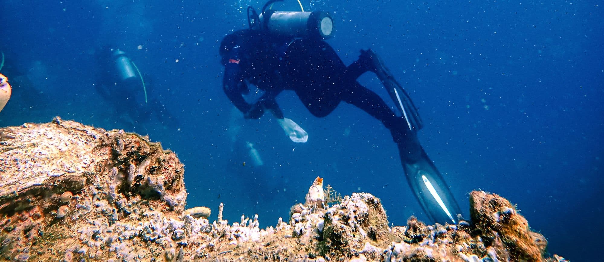 Scuba diver in perfect trim above a coral reef