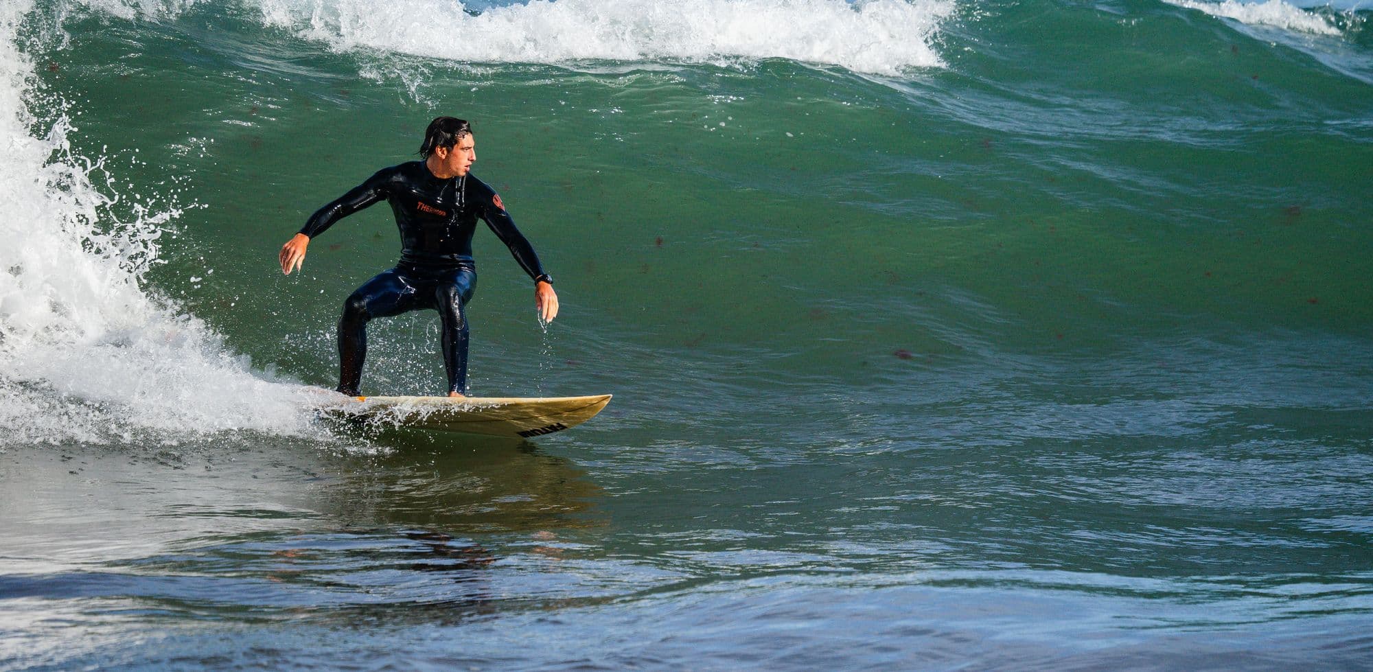 A surfer in a wetsuit trimming along a green, peeling wave